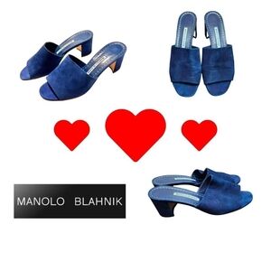 Manolo Blahnik Navy Blue Rapallato Soft Suede Banded Block Heel Sandals …